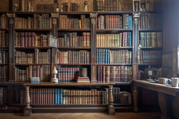 books in the library.library wall adorned with a collection of old, ancient books, housing numerous...