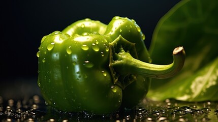  a close up of a green pepper with drops of water on it's surface and a green leaf on the other side of the pepper, on a black background.