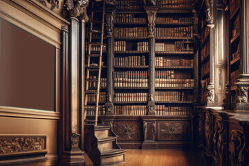 books in the library.library wall adorned with a collection of old, ancient books, housing numerous...