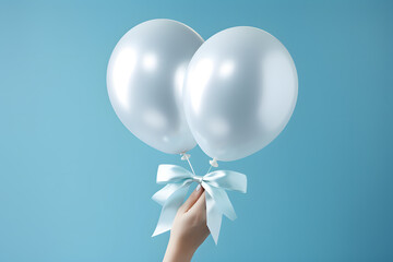 Hand holding a white balloons isolated on blue  background