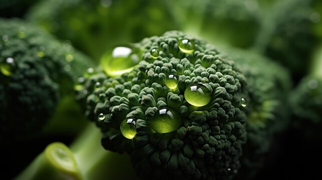  a close up of a broccoli head with drops of water on the broccoli florets in the foreground and on the right side of the image.