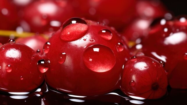  a close up of a bunch of red fruit with drops of water on the top of the fruit and on the bottom of the fruit, on the bottom of the image is a black surface.