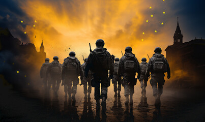 War Concept. Military silhouettes fighting scene on war fog sky background, World War Soldiers Silhouettes Below Cloudy Skyline At night. Attack scene. Armored vehicles. Tanks battle