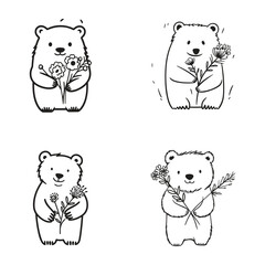 set of bear with flower bouquet on her hand