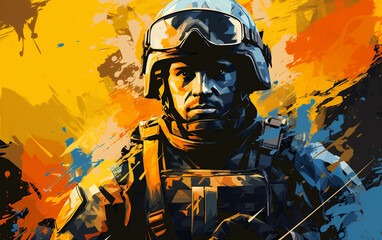 soldier with helmet, emblem style illustration