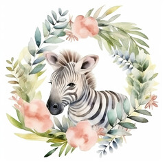 Beautifully watercolor painting of a baby zebra surrounded by a wreath of colorful flowers and leaves on white background, nursery room concept