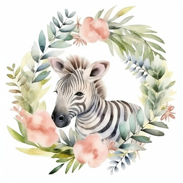 Beautifully watercolor painting of a baby zebra surrounded by a wreath of colorful flowers and leaves on white background, nursery room concept