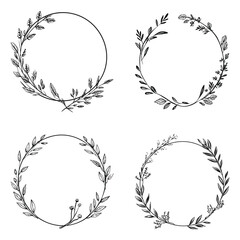 set of black and white circle frame design with flower and leaves