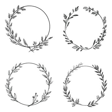 set of black and white circle frame design with flower and leaves
