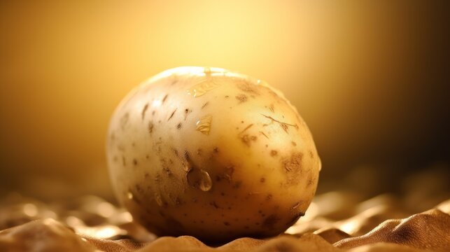  a close up of an apple on a bed of sand with a bright light in the back ground behind it and a blurry image of the top of an apple in the foreground.