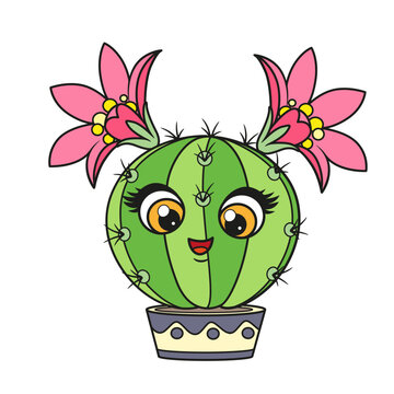 Cute circle cartoon cacti with two flowers in a pot color variation on a white background