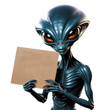 Ilustración de un extraterrestre sosteniendo un cartel con espacio para texto, aislado sobre fondo blanco o transparente.