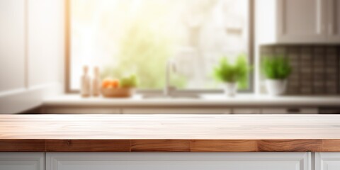 Blurred white kitchen bench interior with wooden table in front. - obrazy, fototapety, plakaty