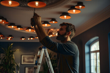 Man is working with lighting equipment indoors at domestic room.