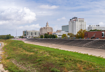 Low water in the Mississippi river exposes river bank by riverwalk in Baton Rouge, the state...