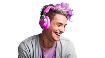 Portrait of happy young man wearing headphone and enjoy music over transparent background. Relax,...