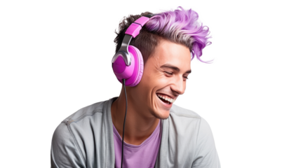 Portrait of happy young man wearing headphone and enjoy music over transparent background. Relax, favorite music, fun and pleasure at spare time concept