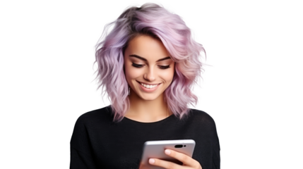 Portrait of a happy woman using mobile phone isolated over transparent background