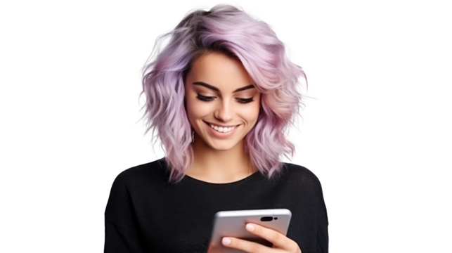 Portrait of a happy woman using mobile phone isolated over transparent background