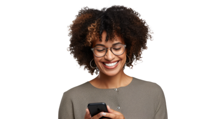 Portrait of a happy businesswoman using mobile phone isolated over transparent background