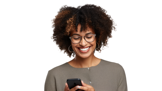 Portrait of a happy businesswoman using mobile phone isolated over transparent background
