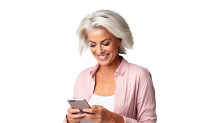 Portrait of a happy mature businesswoman using mobile phone isolated over transparent background