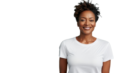 Portrait of beautiful positive african american woman isolated on transparent