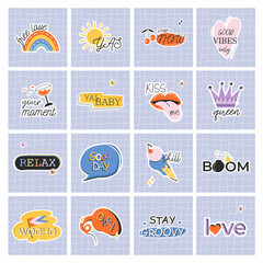 Square retro cards. Groovy hippie 70s set. Funny cartoon flower, rainbow, peace, Love, heart, daisy, mushroom etc. Sticker pack in trendy retro psychedelic cartoon style. Isolated stock illustration. 