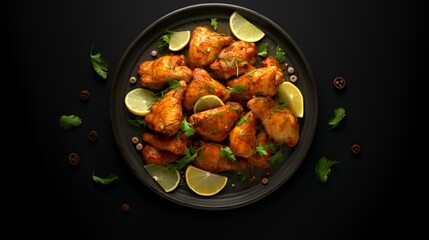 Spicy chicken wings with lemon and parsley on black background.