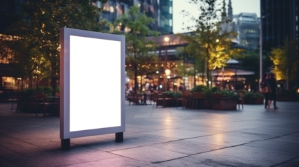 Empty Vertical space advertisement board, blank white signboard on roadside in city, Vertical blank billboard in city in night time, White signboard or lightbox on roadside for advertisement placement
