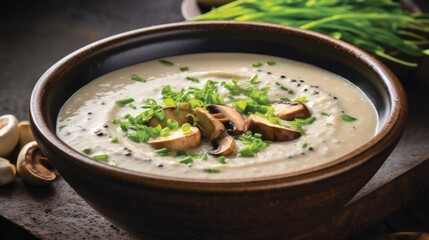  a close up of a bowl of soup with mushrooms and chives on a table next to a bunch of mushrooms and a bunch of green onions on the side.