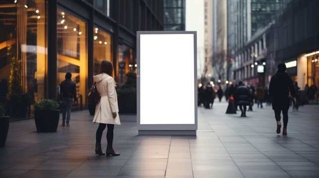 Empty Vertical space advertisement board, blank white signboard on roadside in city, Vertical blank billboard in city in night time, White signboard or lightbox on roadside for advertisement placement