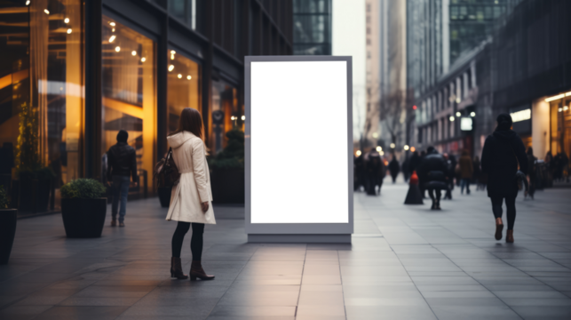 Empty Vertical space advertisement board, blank white signboard on roadside in city, Vertical blank billboard in city in night time, White signboard or lightbox on roadside for advertisement placement