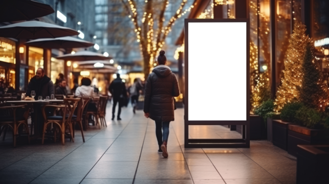Empty Vertical space advertisement board, blank white signboard on roadside in city, Vertical blank billboard in city in night time, White signboard or lightbox on roadside for advertisement placement