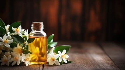 Essential oil with jasmine flowers on a wooden background copy space
