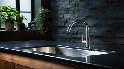 Modern kitchen sink with faucet on black countertop in modern kitchen with a window - obrazy, fototapety, plakaty