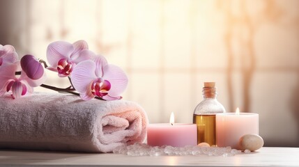 Spa still life with orchid flower, candles, oil and towel on table