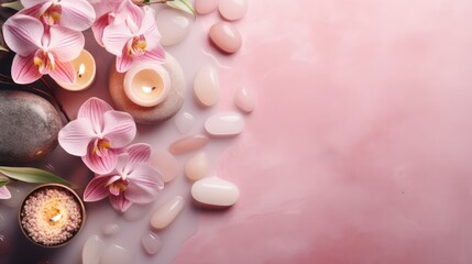 Pink spa background with orchids, candles and sea stones. Top view copy cpace - obrazy, fototapety, plakaty