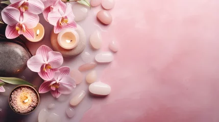 Poster Pink spa background with orchids, candles and sea stones. Top view copy cpace © Petrova-Apostolova