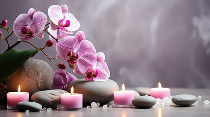 Obraz na płótnie Canvas Beautiful spa composition with burning candles and orchid on grey background
