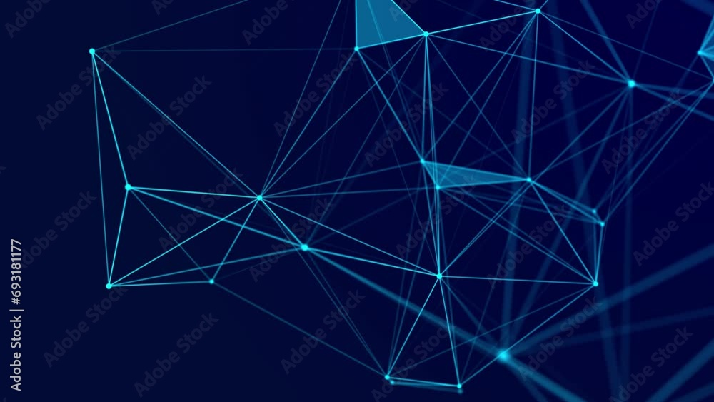 Poster Wave connection of colored lines and dots in space. Abstract digital background of big data transmission algorithms. Network connections.3d rendering. Seamless loop.