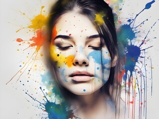 Splatter paint on woman face isolated on white. A profile portrait of a young woman combined with an abstract watercolor painting. Female portrait with grungy splashes. Happy holi.