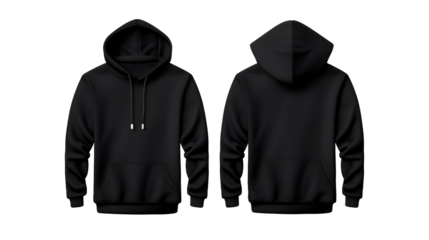 Blank black male hoodie sweatshirt long sleeve, mens hoody with hood for your design mockup for print, isolated on transparent background. Template sport winter clothes.