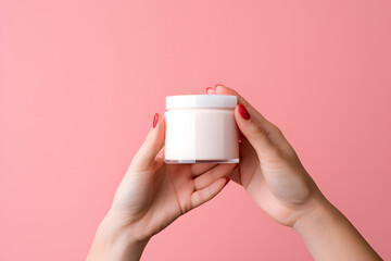 Female hands holding jar of cosmetic cream Cosmetic beauty product branding mockup - obrazy, fototapety, plakaty