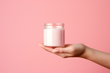 Female hands holding jar of cosmetic cream Cosmetic beauty product branding mockup - Powered by Adobe