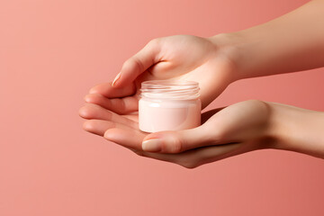 Female hands holding jar of cosmetic cream Cosmetic beauty product branding mockup