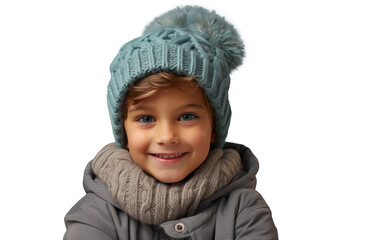 Beautiful little boy in winter warm hat and scarf isolated on transparent. Children winter clothes