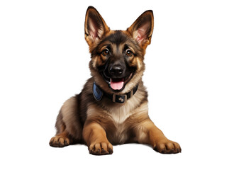 A beautiful puppy is the German shepherd, isolated on a transparent background. Fluffy dog close-up of brown and black color