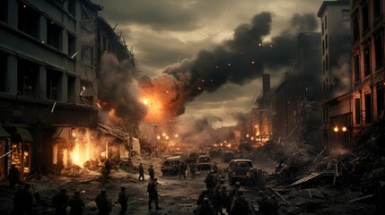 War in city streets. Explosions. Military men, soldiers. Armed conflict. World war. Fire and destruction. Destroyed city. AI Generated - obrazy, fototapety, plakaty