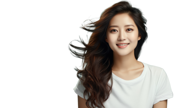 Young Asian beauty woman long hair with korean makeup style on face and perfect clean skin on transparent background